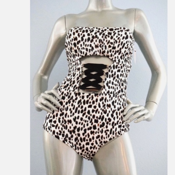 Nwt Victorias Secret Strappy Lace-Up One Piece Strapless Leopard Swim Suit S